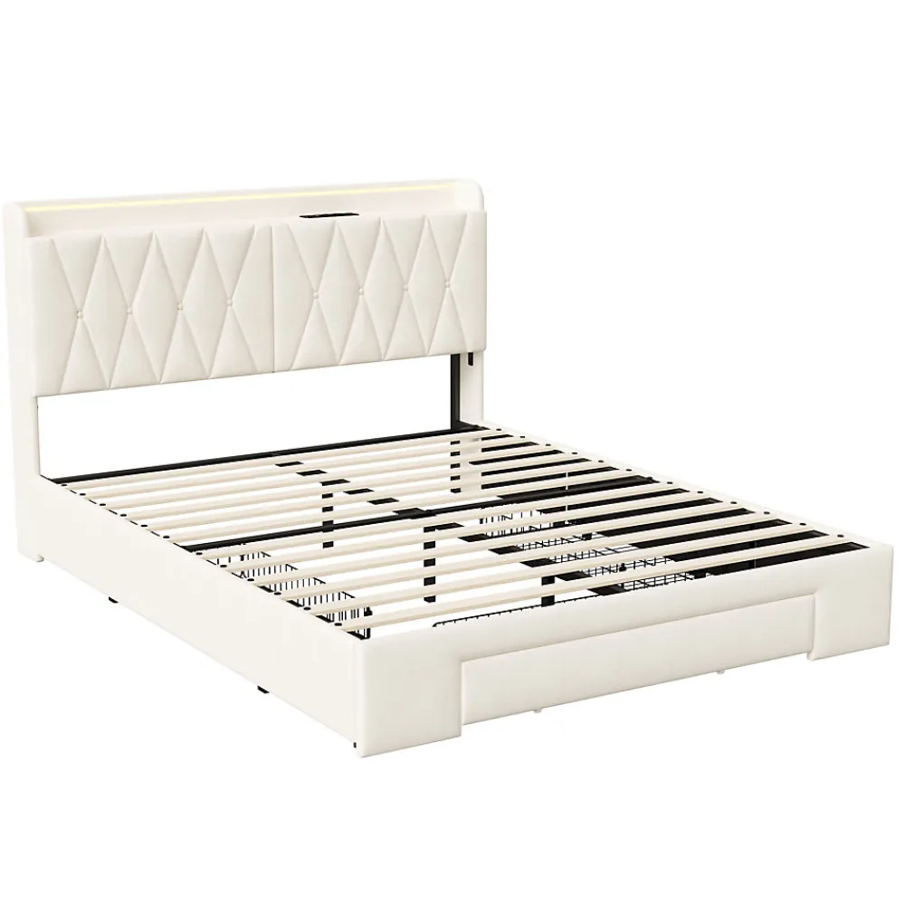 lit double 160x200 avec tiroirs,lit capitonné,rangement tête de lit, tête de lit ouverte,chargement USB,LED réglable,velours,beige>Generique Online