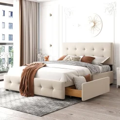 Okwish Lit Double 140x200 cm - avec 4 Tiroirs, Lit Confortable en Velours, Tête de Lit capitonnée, Sans Matelas, Beige* Lit Double