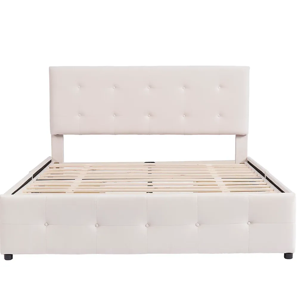 Okwish Lit Double 140x200 cm - avec 4 Tiroirs, Lit Confortable en Velours, Tête de Lit capitonnée, Sans Matelas, Beige* Lit Double