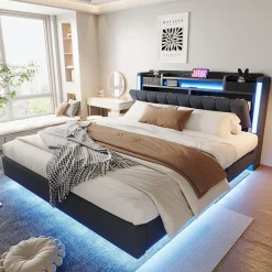 Okwish Lit Double 160x200 cm - avec Coffre de Rangement, LED et Port USB Intégré, Sans Matelas, Tissu Lin, Gris* Lit Double