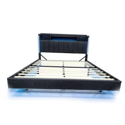 Okwish Lit Double 160x200 cm - avec Coffre de Rangement, LED et Port USB Intégré, Sans Matelas, Tissu Lin, Gris* Lit Double