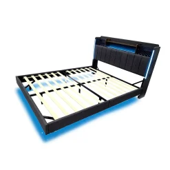 Okwish Lit Double 160x200 cm - avec Coffre de Rangement, LED et Port USB Intégré, Sans Matelas, Tissu Lin, Gris* Lit Double