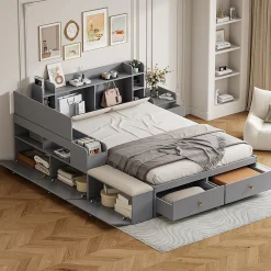 Lit Double 140x200 cm - avec Rangement Intégré et Tiroirs Latéraux, Banc Coffre pour Gain de Place - Gris>Okwish New
