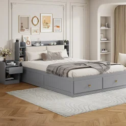 Lit Double 140x200 cm - avec Rangement Intégré et Tiroirs Latéraux, Banc Coffre pour Gain de Place - Gris>Okwish New