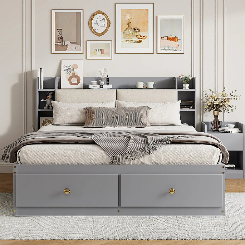 Lit Double 140x200 cm - avec Rangement Intégré et Tiroirs Latéraux, Banc Coffre pour Gain de Place - Gris>Okwish New