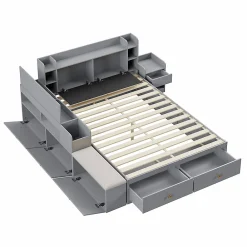 Lit Double 140x200 cm - avec Rangement Intégré et Tiroirs Latéraux, Banc Coffre pour Gain de Place - Gris><noscript><img width=