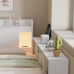 Lit Double 140x200 cm - avec Rangement, Tiroirs sous le Lit, Chargeur et Lumière Intégrée, en MDF Blanc, Sans Matelas><noscript><img width=