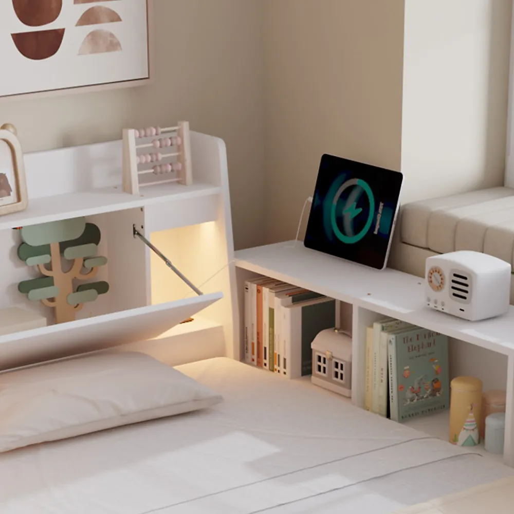 Lit Double 140x200 cm - avec Rangement, Tiroirs sous le Lit, Chargeur et Lumière Intégrée, en MDF Blanc, Sans Matelas>Okwish New