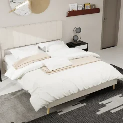Okwish Lit Double 160x200 cm - avec Tête de Lit Douce et Base Basse Anti-Poussière, Cadre Confortable, en Velours, Beige, Sans Matelas* Lit Double