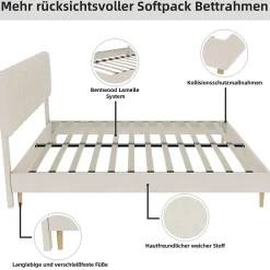 Okwish Lit Double 160x200 cm - avec Tête de Lit Douce et Base Basse Anti-Poussière, Cadre Confortable, en Velours, Beige, Sans Matelas* Lit Double