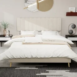 Okwish Lit Double 160x200 cm - avec Tête de Lit Douce et Base Basse Anti-Poussière, Cadre Confortable, en Velours, Beige, Sans Matelas* Lit Double