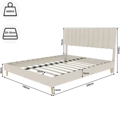 Okwish Lit Double 160x200 cm - avec Tête de Lit Douce et Base Basse Anti-Poussière, Cadre Confortable, en Velours, Beige, Sans Matelas* Lit Double