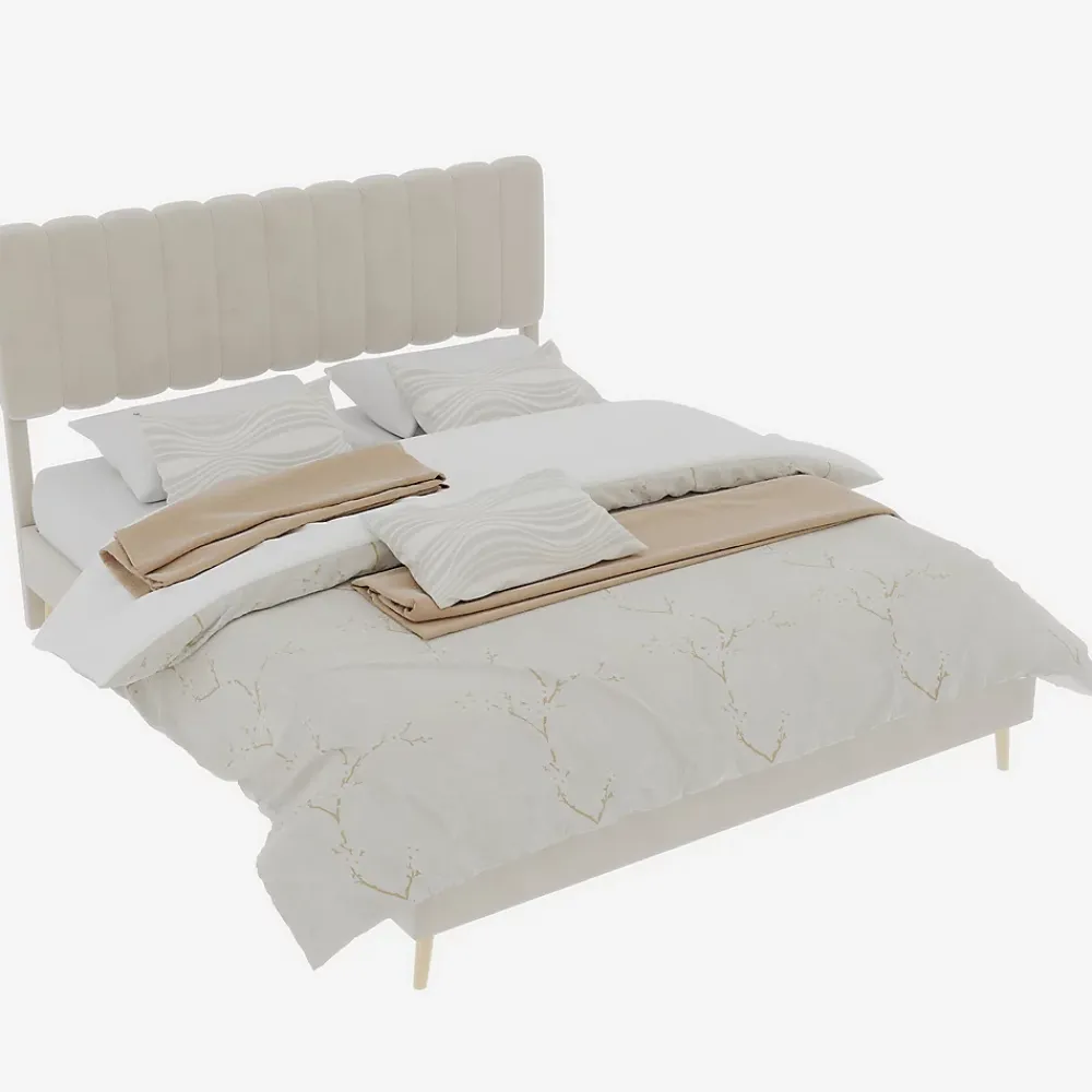 Okwish Lit Double 160x200 cm - avec Tête de Lit Douce et Base Basse Anti-Poussière, Cadre Confortable, en Velours, Beige, Sans Matelas* Lit Double