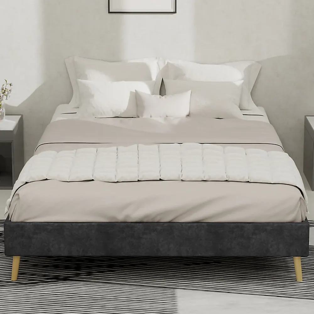 Okwish Lit Double 140x200 cm - Cadre Minimaliste Moderne à Structure Basse, Sans Tête de Lit, Sans Matelas, en Velours Hollandais, Gris* Lit Double