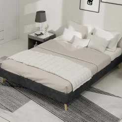 Okwish Lit Double 140x200 cm - Cadre Minimaliste Moderne à Structure Basse, Sans Tête de Lit, Sans Matelas, en Velours Hollandais, Gris* Lit Double