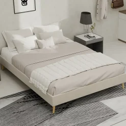 Okwish Lit Double 140x200 cm - Cadre Moderne, Revêtement en Velours, sans Matelas, Beige* Lit Double