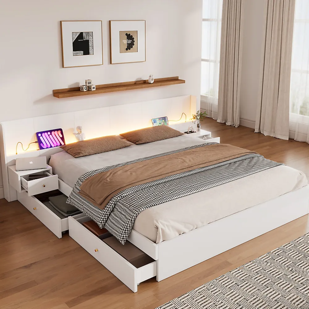Lit Double 180x200 cm 2 Chevets avec USB, Éclairage LED, Prise et Contrôle Via App Mobile, 4 Tiroirs, Blanc, Pin, Sans Matelas>Okwish Best