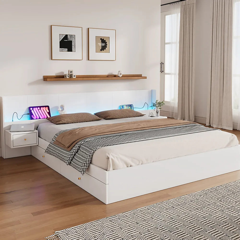 Lit Double 180x200 cm 2 Chevets avec USB, Éclairage LED, Prise et Contrôle Via App Mobile, 4 Tiroirs, Blanc, Pin, Sans Matelas>Okwish Best