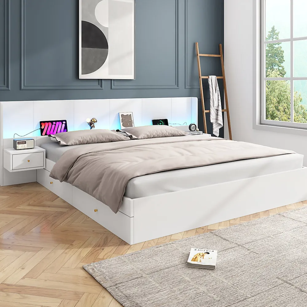 Lit Double 180x200 cm 2 Chevets avec USB, Éclairage LED, Prise et Contrôle Via App Mobile, 4 Tiroirs, Blanc, Pin, Sans Matelas>Okwish Best