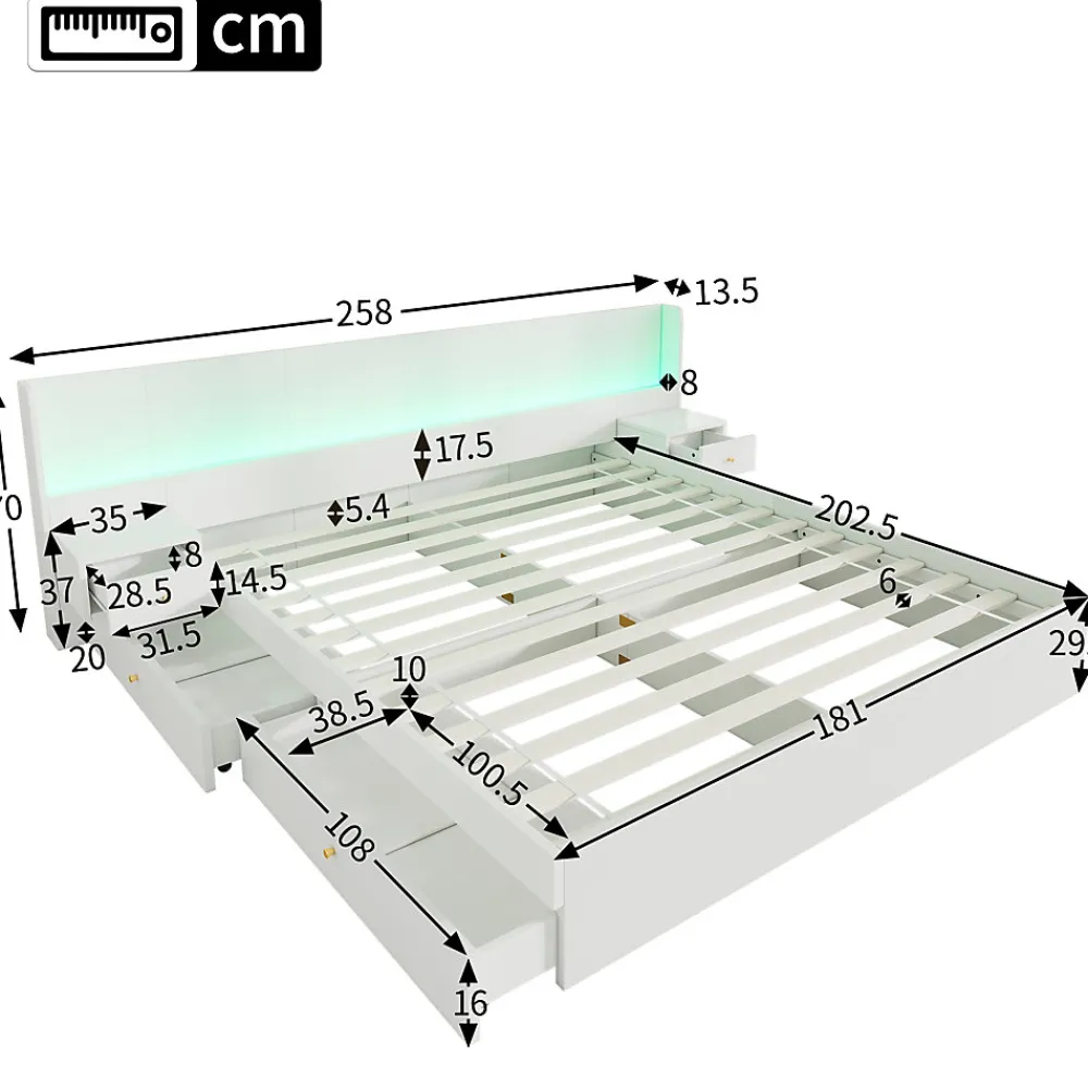 Lit Double 180x200 cm 2 Chevets avec USB, Éclairage LED, Prise et Contrôle Via App Mobile, 4 Tiroirs, Blanc, Pin, Sans Matelas>Okwish Best