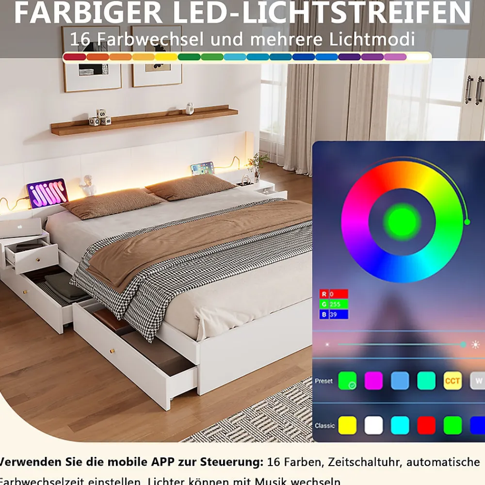 Lit Double 180x200 cm 2 Chevets avec USB, Éclairage LED, Prise et Contrôle Via App Mobile, 4 Tiroirs, Blanc, Pin, Sans Matelas>Okwish Best