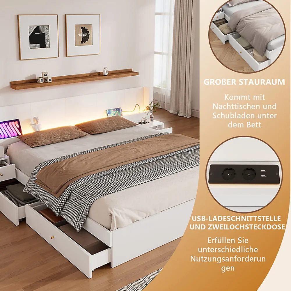 Lit Double 180x200 cm 2 Chevets avec USB, Éclairage LED, Prise et Contrôle Via App Mobile, 4 Tiroirs, Blanc, Pin, Sans Matelas>Okwish Best