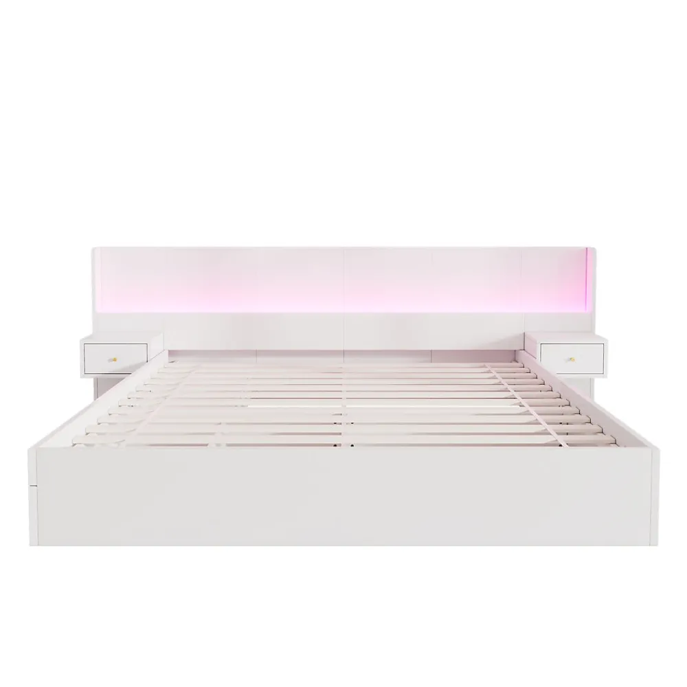 Lit Double 180x200 cm 2 Chevets avec USB, Éclairage LED, Prise et Contrôle Via App Mobile, 4 Tiroirs, Blanc, Pin, Sans Matelas>Okwish Best