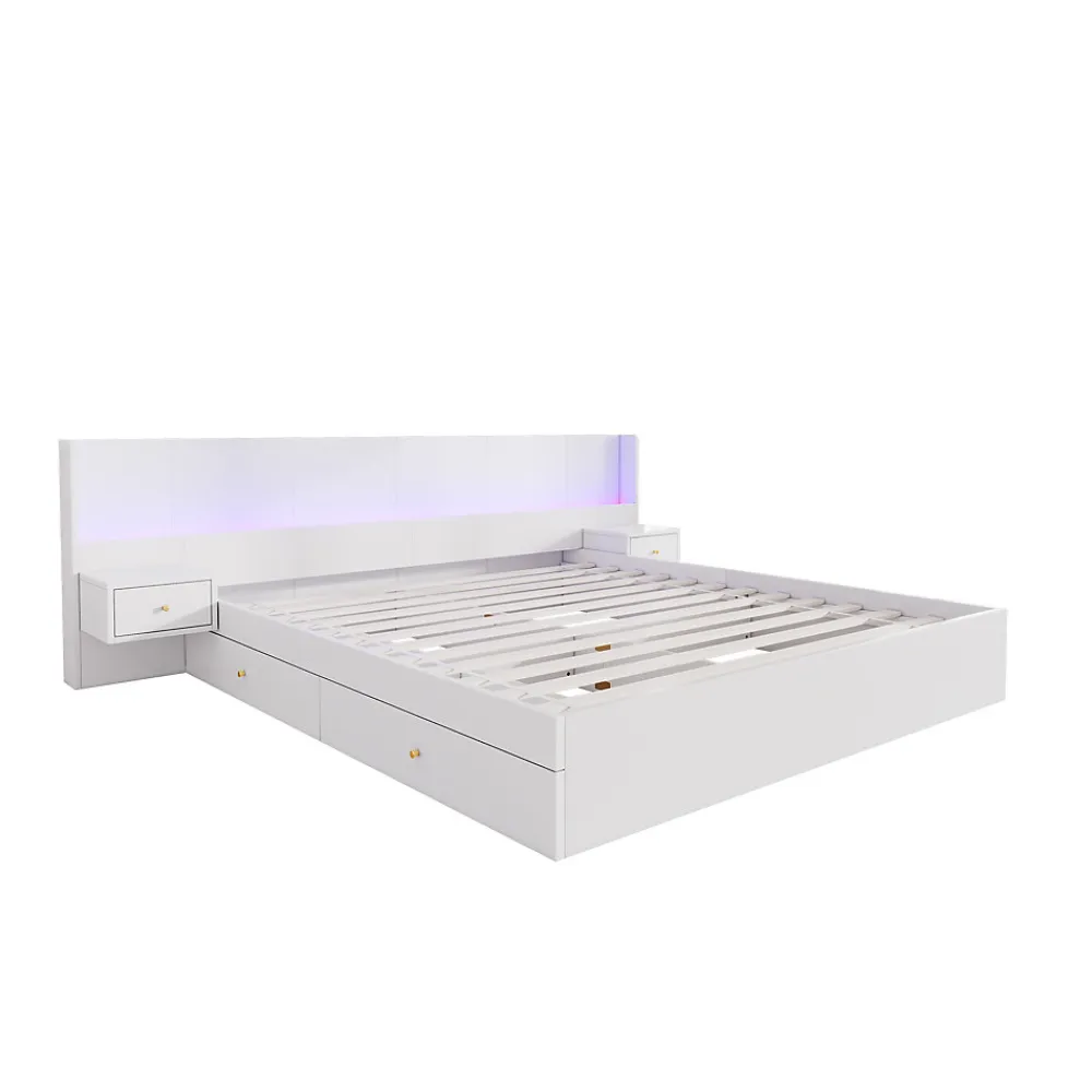 Lit Double 180x200 cm 2 Chevets avec USB, Éclairage LED, Prise et Contrôle Via App Mobile, 4 Tiroirs, Blanc, Pin, Sans Matelas>Okwish Best