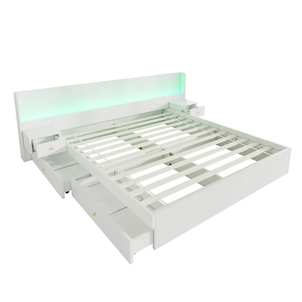 Lit Double 180x200 cm 2 Chevets avec USB, Éclairage LED, Prise et Contrôle Via App Mobile, 4 Tiroirs, Blanc, Pin, Sans Matelas>Okwish Best
