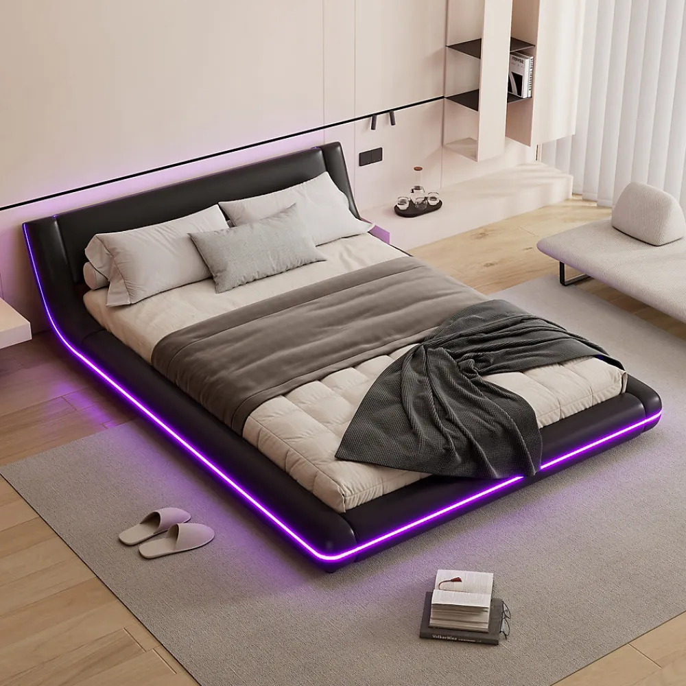 Lit Double 140x200 cm - Éclairage LED avec Télécommande 24 Touches - PU et MDF - Noir - Sans Matelas>Okwish New