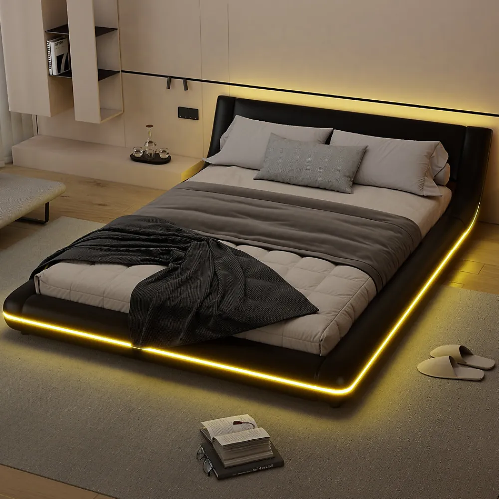 Lit Double 140x200 cm - Éclairage LED avec Télécommande 24 Touches - PU et MDF - Noir - Sans Matelas>Okwish New