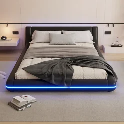 Lit Double 140x200 cm - Éclairage LED avec Télécommande 24 Touches - PU et MDF - Noir - Sans Matelas><noscript><img width=
