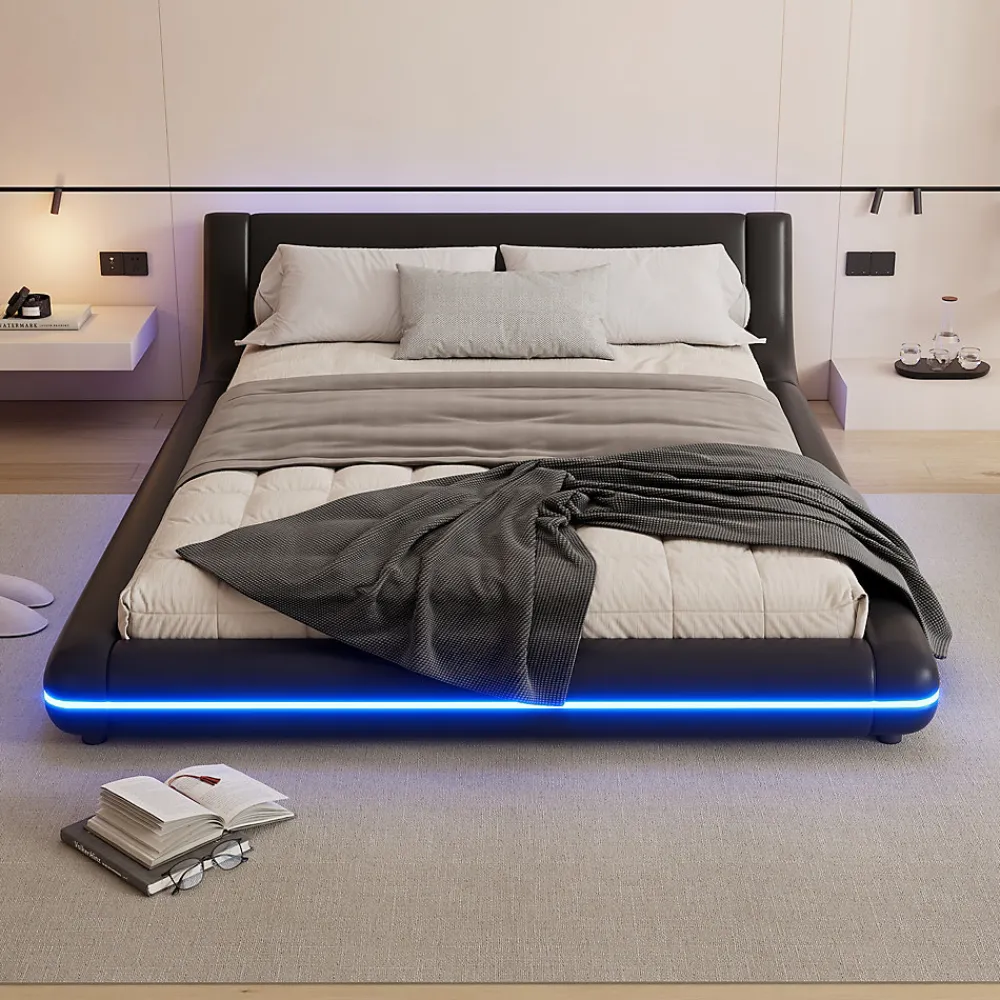 Lit Double 140x200 cm - Éclairage LED avec Télécommande 24 Touches - PU et MDF - Noir - Sans Matelas>Okwish New