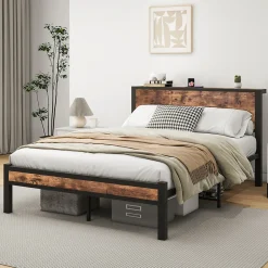 Okwish Lit Double 140x200 cm - Lit Ado Métal avec Tête de Lit Rangement, MDF, Marron - Solide et Silencieux - Sans Matelas* Lit Double