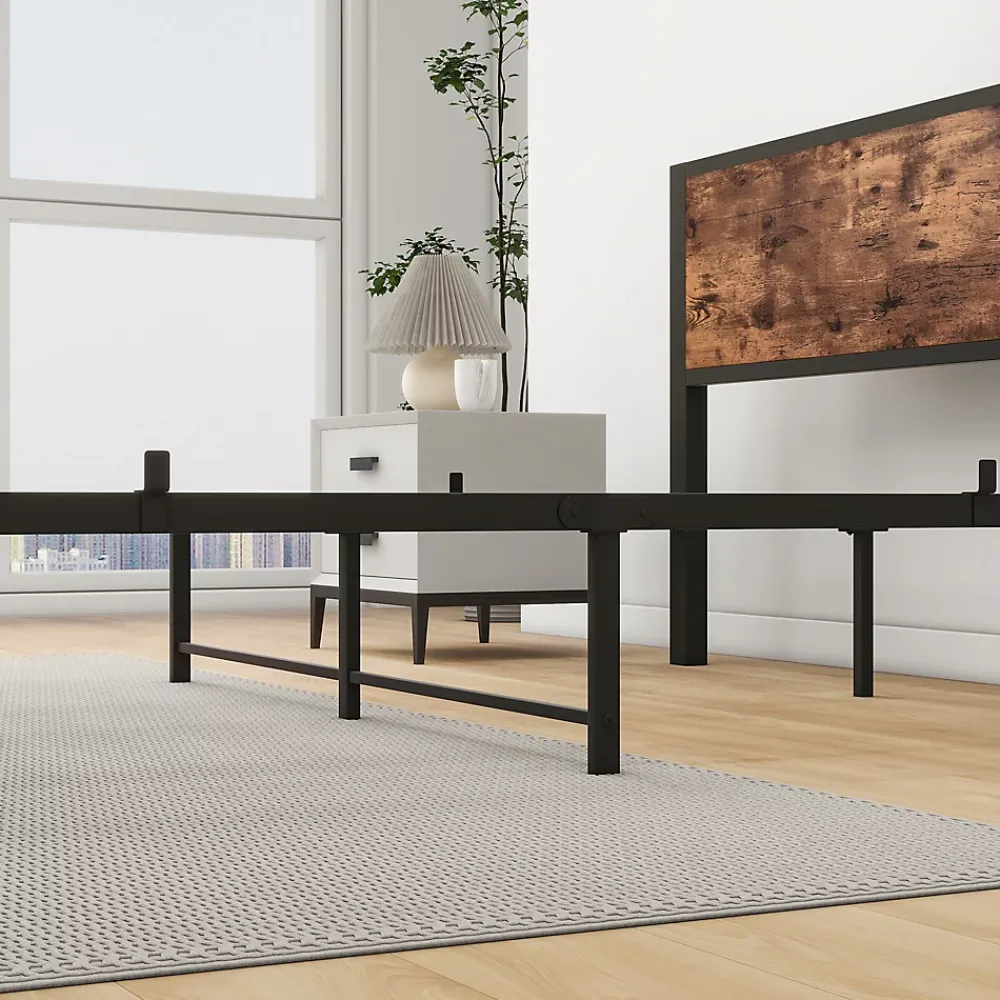 Okwish Lit Double 140x200 cm - Lit Ado Métal avec Tête de Lit Rangement, MDF, Marron - Solide et Silencieux - Sans Matelas* Lit Double