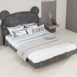 Okwish Lit Double 140x200 cm - Lit Adulte avec Tête Cartoon Capitonnée et Cadre Bas, Velours Gris, sans Matelas* Lit Double