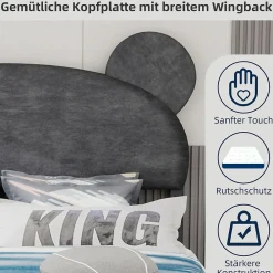 Okwish Lit Double 140x200 cm - Lit Adulte avec Tête Cartoon Capitonnée et Cadre Bas, Velours Gris, sans Matelas* Lit Double