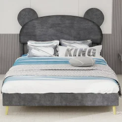Okwish Lit Double 140x200 cm - Lit Adulte avec Tête Cartoon Capitonnée et Cadre Bas, Velours Gris, sans Matelas* Lit Double