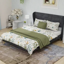 Lit Double 140x200 cm - Lit Adulte avec Tête de Lit Douce et Base Basse, Lit Capitonné Moderne, en Velours Gris, Sans Matelas>Okwish Best