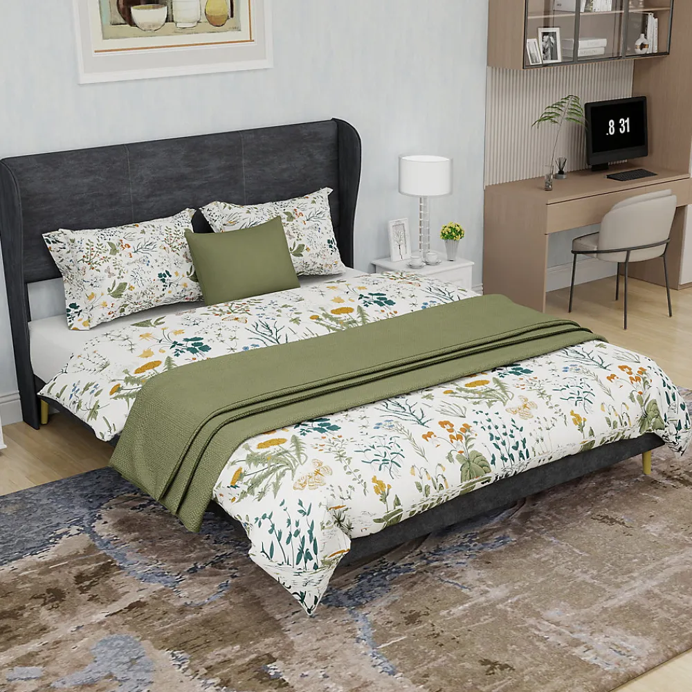 Lit Double 140x200 cm - Lit Adulte avec Tête de Lit Douce et Base Basse, Lit Capitonné Moderne, en Velours Gris, Sans Matelas>Okwish Best