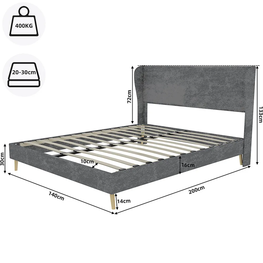 Lit Double 140x200 cm - Lit Adulte avec Tête de Lit Douce et Base Basse, Lit Capitonné Moderne, en Velours Gris, Sans Matelas>Okwish Best