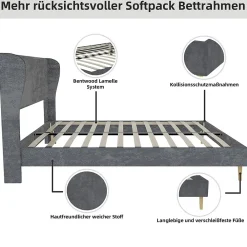 Lit Double 140x200 cm - Lit Adulte avec Tête de Lit Douce et Base Basse, Lit Capitonné Moderne, en Velours Gris, Sans Matelas><noscript><img width=