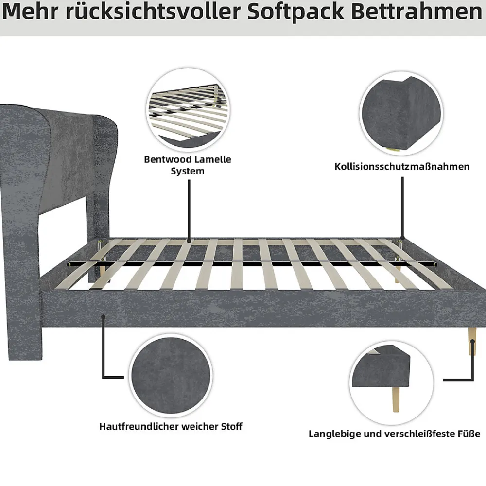 Lit Double 140x200 cm - Lit Adulte avec Tête de Lit Douce et Base Basse, Lit Capitonné Moderne, en Velours Gris, Sans Matelas>Okwish Best
