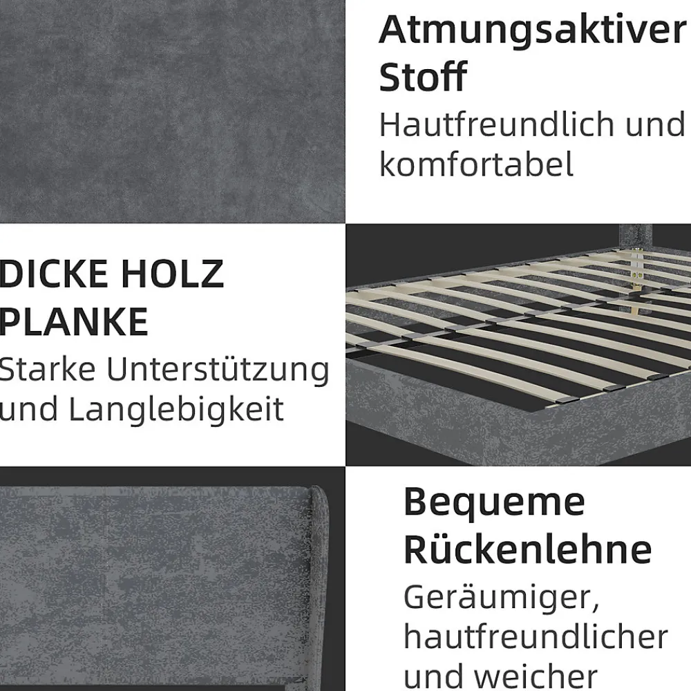 Lit Double 140x200 cm - Lit Adulte avec Tête de Lit Douce et Base Basse, Lit Capitonné Moderne, en Velours Gris, Sans Matelas>Okwish Best