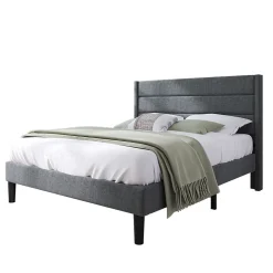 Lit double 140x200 cm - Lit adulte double capitonné avec sommier à lattes - Lin - Sans Matelas - Gris Foncé><noscript><img width=