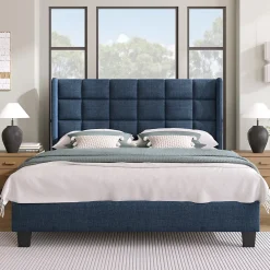 Okwish Lit double 140x200 cm - Lit adulte capitonné avec sommier à lattes - Lin - Sans Matelas - Bleu* Lit Double