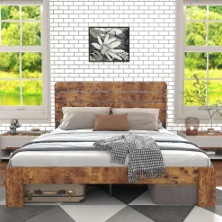 Lit Double 140x200 cm - Lit Adulte en Bois avec Cadre Métal Robuste - Style Industriel - Sans Matelas - Marron>Okwish Outlet