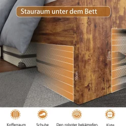 Lit Double 140x200 cm - Lit Adulte en Bois avec Cadre Métal Robuste - Style Industriel - Sans Matelas - Marron><noscript><img width=