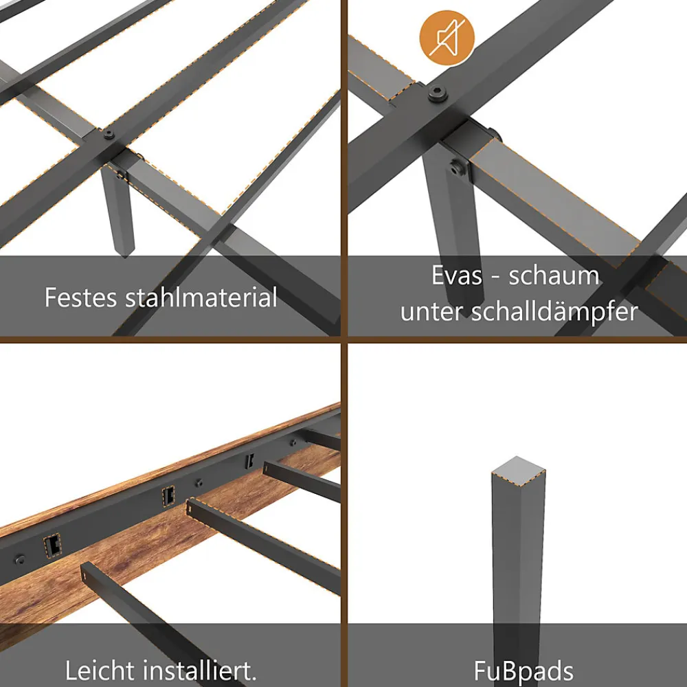 Lit Double 140x200 cm - Lit Adulte en Bois avec Cadre Métal Robuste - Style Industriel - Sans Matelas - Marron>Okwish Outlet