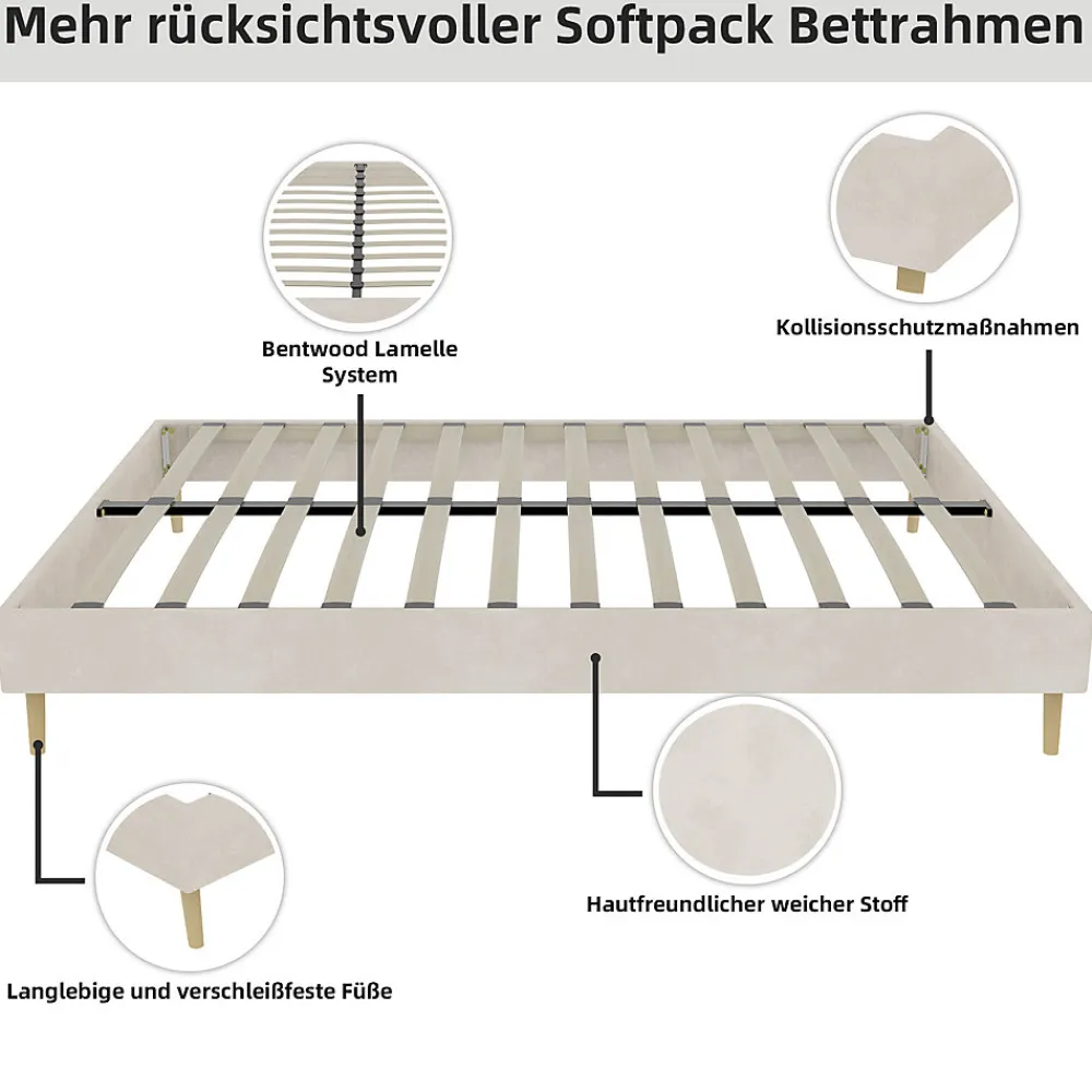 Lit Double 140x200 cm - Lit Adulte et Ado, Cadre Bas Minimaliste et Confortable, Sans Tête de Lit, Structure Robuste, Beige>Okwish Clearance